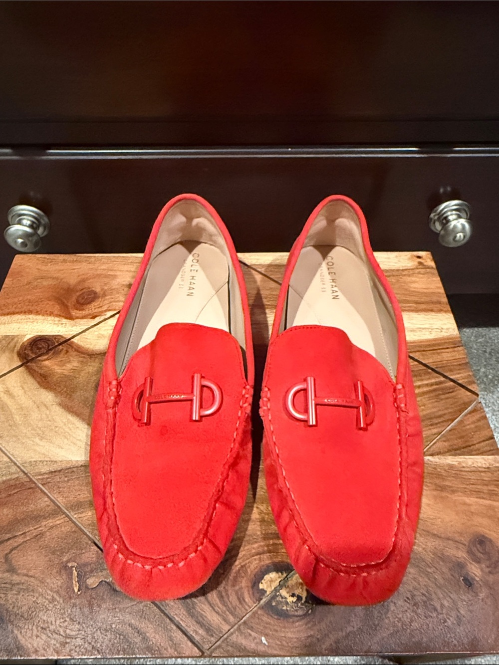 Women’s Cole Haan Red Suede Slip-On Loafer moccasin with Metal Bit. 7.5